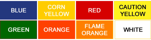A swatch of the colors Roc Tan offers: Blue, Corn Yellow, Red, Caution Yellow, Green, Orange, Flame Orange and White.